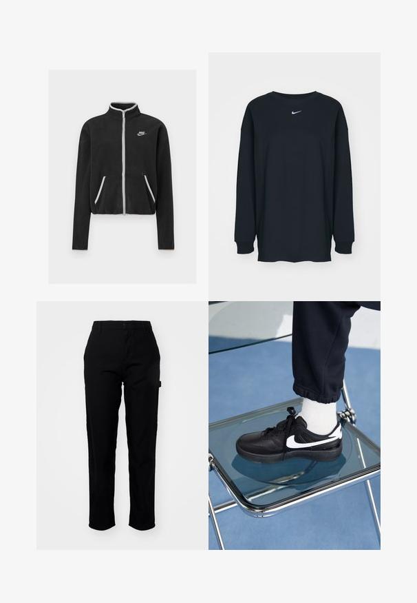 Czarna polarowa kurtka z wysokim kołnierzem, pełnym zamkiem, białymi akcentami i bocznymi kieszeniami. Na lewej piersi znajduje się małe logo Nike.; Czarna, długosleeve'owa koszulka z bawełny z okrągłym dekoltem. Posiada białe logo Nike na piersi. Miękka faktura, prosty design.; Carhartt WIP PIERCE PANT - Spodnie materiałowe; Czarne sneakersy Nike z białymi akcentami, charakteryzujące się gładką skórzaną teksturą, zawiązywaną konstrukcją i zaokrąglonym noskiem, umieszczone na szklanym krześle.