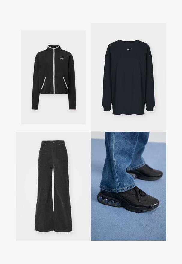 Černá fleecová bunda s vysokým límcem, plným zipem, bílými akcenty a bočními kapsami. Na levém prsu se nachází malé logo Nike.; Černé tričko s dlouhým rukávem vyrobené z bavlny s kulatým výstřihem. Na hrudi se nachází bílé logo Nike. Měkká textura, jednoduchý design.; Černé kordové široké kalhoty s vysokým pasem, předními kapsami a zapínáním na knoflík. Látka má měkký, strukturovaný povrch.; Černé sportovní tenisky s síťovaným svrškem, texturovanými akcenty a viditelnými vzduchovými polštářky v podešvi. Nosené s modrými denimovými džíny.