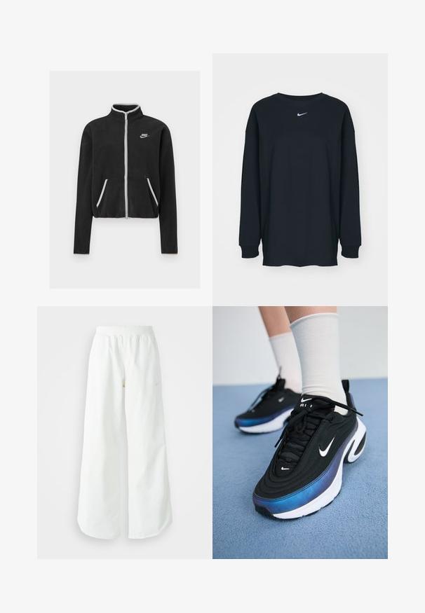 Svart fleecejacka med hög krage, full dragkedja, vita detaljer och sidofickor. Har en liten Nike-logga på vänster bröst.; Svart långärmad T-shirt i bomull med rundad halsringning. Har en vit Nike-logotyp på bröstet. Mjuk textur, enkelt design.; Vita vida atletiska byxor med breda ben och ribbad midja samt subtil logodetalj. Slät tyg med avslappnad passform och avsmalnande fåll.; Svarta Nike-sneakers med ett mjukt tygövre, som har en gradientdesign från blått till svart, vit sula och framträdande logotypaccenter.