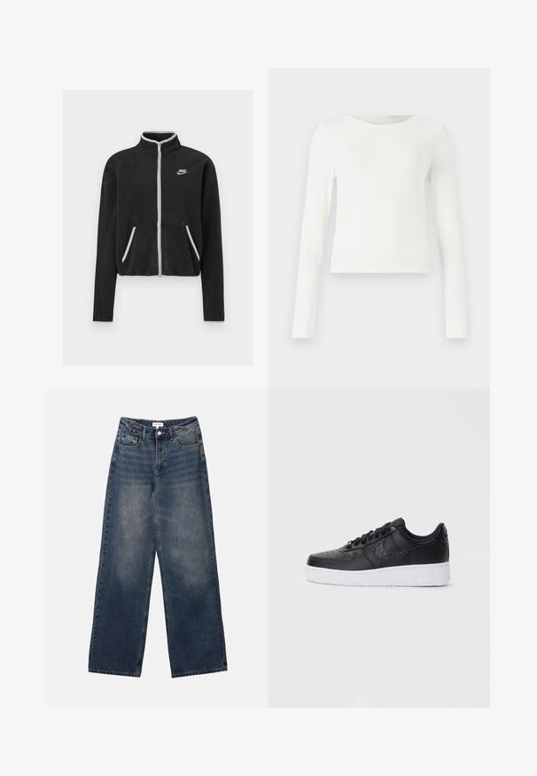 Melna vilnas jaka ar augstu apkakli, pilnīgu rāvējslēdzēju, baltām akcentiem un sānu kabatām. Uz kreisā krūtīm novietota maza Nike logo.; Balts garām piedurknēm ribots tops ar apaļu kaklu. Gluda tekstūra, pieguļošs dizains un bez redzamām rakstiem vai akcentiem. Vienkāršs un minimālistisks stils.; Vīriešu augsto jostasvietu zila denima bikses ar platām kājām, priekšējo pogu un rāvējslēdzēju, kā arī priekšējām un aizmugurējām kabatām.; Melnas ādas sporta kurpes ar perforētu pirksta daļu, baltu gumijas zoli un teksturētu Nike logo. Iekļautas apaļas šnīres un mīksts apkakle.