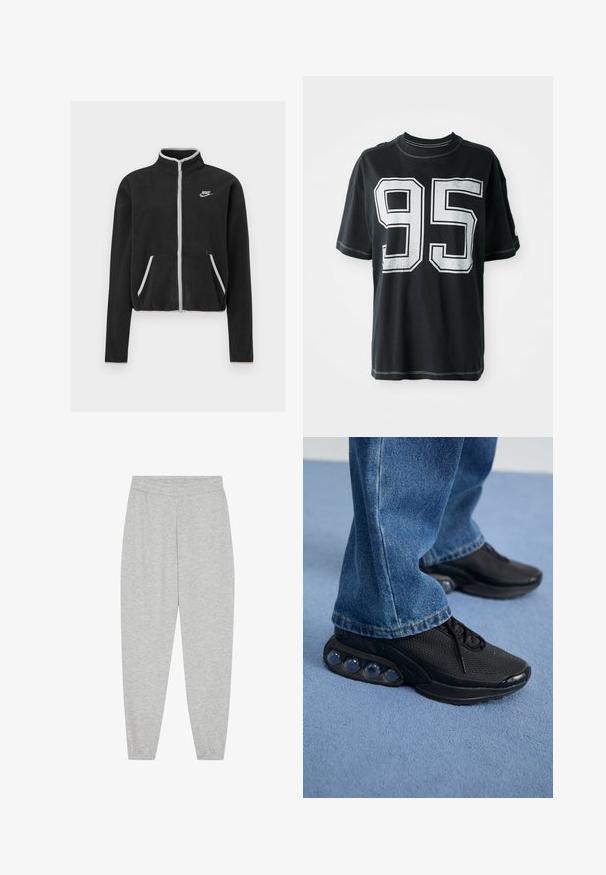 Melna vilnas jaka ar augstu apkakli, pilnīgu rāvējslēdzēju, baltām akcentiem un sānu kabatām. Uz kreisā krūtīm novietota maza Nike logo.; Melnas kokvilnas t-krekls ar īsām piedurknēm, kuram priekšā ir balts drukāts skaitlis "95" un kontrastējoša šuvuma apdare gar malām.; Gaiši pelēki sporta bikses no mīksta kokvilnas maisījuma, ar elastīgu jostasvietu, plānām apkaklēm potītēs un bez redzamām kabatām vai rakstiem.; Melnas sporta kedas ar sietu augšdaļu, teksturētām akcentiem un redzamajām gaisa amortizācijas podiem zolei. Valkātas ar zilu džinsu biksēm.
