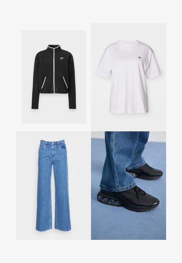 Melna vilnas jaka ar augstu apkakli, pilnīgu rāvējslēdzēju, baltām akcentiem un sānu kabatām. Uz kreisā krūtīm novietota maza Nike logo.; Balta kokvilnas T-kreklā ar brīvu piegriezumu, īsām piedurknēm un mazu izšūtu logotipu kreisajā krūtīs.; Zili debesu platleņķa džinsi ar augstu jostas līniju, kuriem ir divas priekšējās kabatas un pogu aizdare. Audumam ir nedaudz teksturēta virsma.; Melnas sporta kedas ar sietu augšdaļu, teksturētām akcentiem un redzamajām gaisa amortizācijas podiem zolei. Valkātas ar zilu džinsu biksēm.
