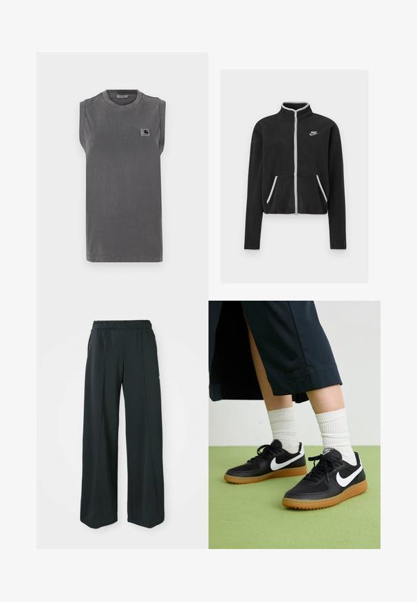 Černá fleecová bunda s vysokým límcem, plným zipem, bílými akcenty a bočními kapsami. Na levém prsu se nachází malé logo Nike.; Šedé bezrukávové tričko vyrobené z bavlněné směsi. Má kulatý výstřih a malou nášivku s logem na levé části hrudi.; Černé sportovní kalhoty s širokým střihem a elastickým pasem. Vyrobené z hladkého, pružného materiálu, s jemnými předními švy a bez kapes.; Černé kožené a syntetické tenisky s bílým logem Nike, gumovou podrážkou, kulatou špičkou a černými tkaničkami. Viditelné žebrované bílé ponožky.