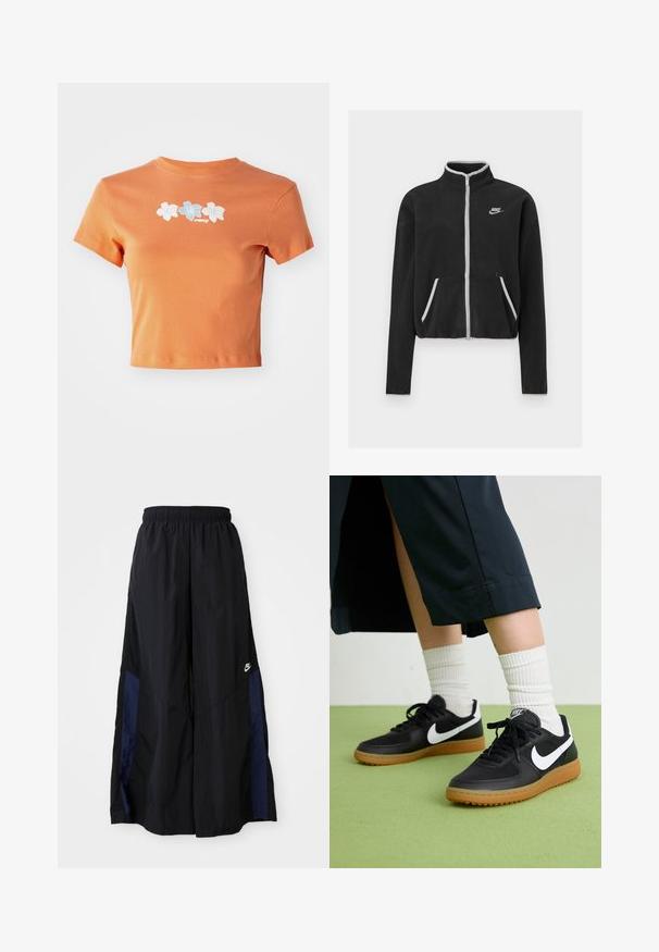 Black fleece jacket with a high collar, full zip, white accents, and side pockets. Features a small Nike logo on the left chest.; Cropped orange t-shirt made of cotton with short sleeves, featuring white and light blue embroidered flowers across the front.; Black wide-leg pants made of lightweight fabric, featuring a navy blue side panel and an elastic waistband. Small white logo on bottom.; Black leather and synthetic sneakers with white Nike swoosh, rubber gum sole, round toe, and black laces. Ribbed white socks visible.