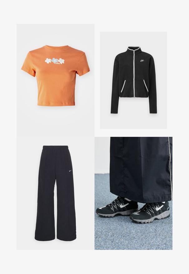 Svart fleecejakke med høy krage, full glidelås, hvite detaljer og sidelommer. Har en liten Nike-logo på venstre bryst.; Kuttet oransje T-skjorte laget av bomull med korte ermer, med hvite og lyseblå broderte blomster over fronten.; Svarte vide bukser med elastisk linning og en liten hvit Nike-logo. Stoffet har en glatt tekstur, designet for komfort og uformell bruk.; Svarte treningssko med teksturert overdel, sølv detaljer og mønstrete såle, sammen med et svart langt plagg. Plassert på et blått teppe.