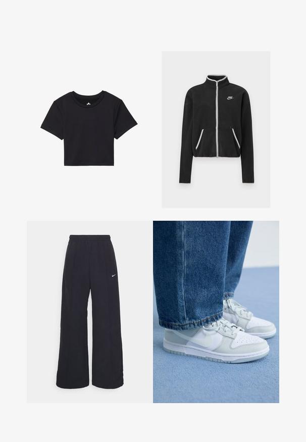 Must kootidejakiga, millel on kõrge krae, täispikk tõmblukk, valged aksessuaarid ja küljetaskud. Vasakul rinnal on väike Nike logo.; Must must t-särk lühikeste varrukatega, ümmarguse kaelusega, valmistatud siledast kangast. Minimalistlik disain ilma nähtavate mustrite või aktsentideta.; Mustad laiad mustad püksid, millel on elastne vöökoht ja väike valge Nike logo. Kanga tekstuur on sile, disainitud mugavuseks ja igapäevaseks kandmiseks.; Nike tossud valgest ja helesinisest nahast, millel on augulised varbakatted, tasased paelad ja kummist talla, koos siniste teksadega.