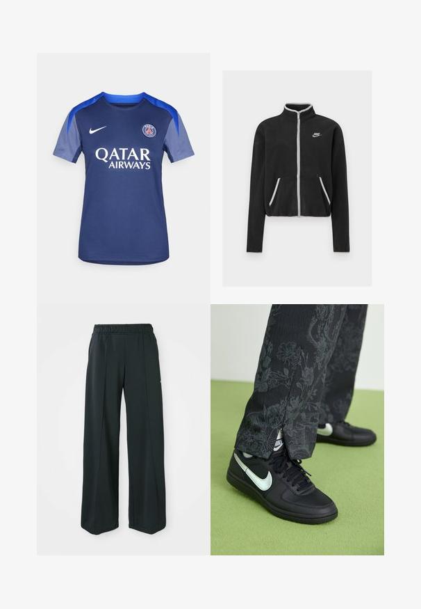 Black fleece jacket with a high collar, full zip, white accents, and side pockets. Features a small Nike logo on the left chest.; Navy blue Nike football jersey featuring a round neckline, short sleeves, and gray accents. "QATAR AIRWAYS" printed in white. Team logo on chest.; Black, wide-leg athletic pants with an elastic waistband. Made from smooth, stretchy fabric, featuring subtle front seams and no pockets.; Black sneaker with silver Nike swoosh, featuring a smooth leather upper and textured rubber sole. Pants with floral pattern, dark gray fabric.