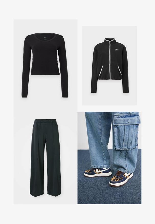 Svart fleecejakke med høy krage, full glidelås, hvite detaljer og sidelommer. Har en liten Nike-logo på venstre bryst.; Langermet, cropped t-skjorte i ensfarget svart bomull. Har rund hals og lett samling på sidene for en tettsittende look.; Sorte, vide treningsbukser med elastisk midje. Laget av glatt, elastisk stoff, med subtile front sømmar og utan lommer.; Mørkeblå sneakers med leopardmønstrede detaljer, hvit Nike-svosh, brune snører og hvit mellomsåle. Kombinert med lyse denim cargo-bukser.