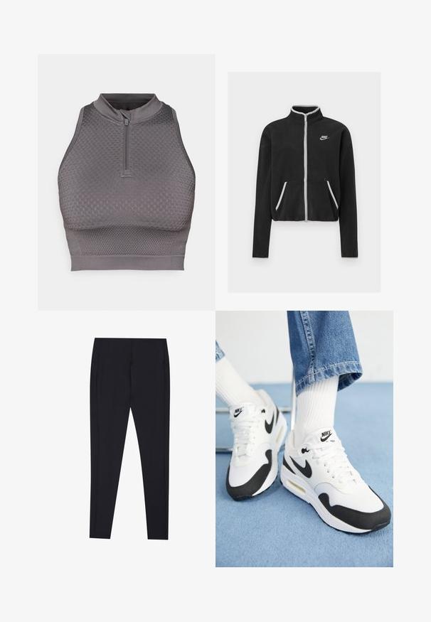 Schwarze Fleecejacke mit hohem Kragen, durchgehendem Reißverschluss, weißen Akzenten und Seitentaschen. Mit kleinem Nike-Logo auf der linken Brust.; Grauer athletischer Crop-Top mit Reißverschlusskragen, strukturierter Oberfläche, figurbetontem Design und glattem Abschluss an Saum und Armausschnitten.; Schwarze Leggings mit tailliertem Design, glatter Textur und ohne sichtbare Muster. Verfügt über seitliche Nähte und eine klare, minimalistische Silhouette.; Nike Air Max Sneakers in Weiß und Schwarz, mit einem Obermaterial aus Mesh, dämpfender Sohle und ikonischen Logo-Akzenten. Strukturierte Details in der Nähe der Sohle.