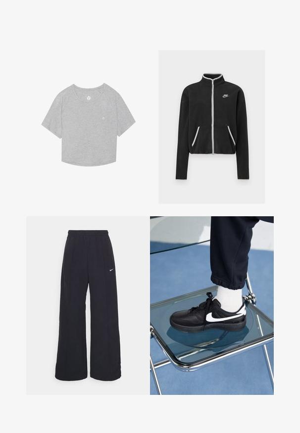 Chaqueta de forro polar negra con cuello alto, cierre completo, detalles en blanco y bolsillos laterales. Presenta un pequeño logo de Nike en el lado izquierdo del pecho.; Camiseta gris corta con mangas raglán cortas, textura suave y un pequeño logo impreso cerca del escote. Dobladillo redondeado en la parte inferior.; Pantalones de pierna ancha negros con una cintura elástica y un pequeño logo blanco de Nike. La tela tiene una textura suave, diseñada para la comodidad y el uso casual.; Zapatillas Nike negras con acentos blancos, con una textura de cuero suave, diseño de cordones y punta redondeada, colocadas sobre una silla de cristal.