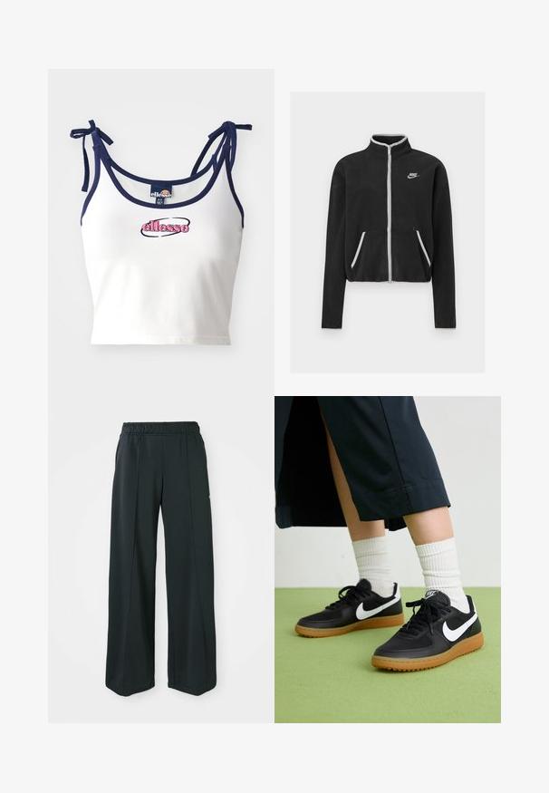 Schwarze Fleecejacke mit hohem Kragen, durchgehendem Reißverschluss, weißen Akzenten und Seitentaschen. Mit kleinem Nike-Logo auf der linken Brust.; Weißes Cropped-Top mit marineblauen Trägern, ausgestattet mit dem bestickten Logo "ellesse" in Pink. Glattes Material, verstellbare Bindebänder an den Schultern.; Schwarze, weit geschnittene Sporthosen mit elastischem Bund. Hergestellt aus glattem, dehnbarem Stoff, mit subtilen Vordernähten und ohne Taschen.; Schwarze Leder- und synthetische Sneakers mit weißem Nike-Swoosh, Gummisohle, runder Spitze und schwarzen Schnürsenkeln. Gestreifte weiße Socken sind sichtbar.
