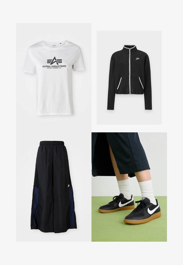 Fekete bolyhos dzseki magas gallérral, teljes cipzárral, fehér díszítésekkel és oldalsó zsebekkel. Bal mellen egy kis Nike logó található.; Rövidujjú fehér pamut póló, fekete nyomtatott logóval szárnyakkal és "ALPHA INDUSTRIES" felirattal, kerek nyakkivágással és laza szabással.; Fekete, bő szárú nadrág könnyű anyagból, tengerészkék oldalsó panellel és elasztikus derékkal. Kicsi fehér logó az alján.; Fekete bőr és szintetikus sneakers, fehér Nike logo-val, gumi talppal, kerek orral és fekete fűzővel. Csíkos fehér zokni látható.