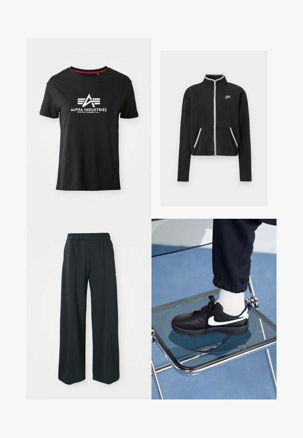 Jachetă din fleece negru, cu guler înalt, fermoar complet, accente albe și buzunare laterale. Prezintă un mic logo Nike pe pieptul stâng.; Tricou din bumbac negru cu decolteu rotund și mâneci scurte. Prezintă un logo alb proeminent cu litere stilizate și linii de accent pe față.; Pantaloni sportivi negri, cu croială largă și talie elastică. Realizați dintr-un material neted și elastic, cu cusături frontale subtile și fără buzunare.; Adidași negri Nike cu accente albe, cu o textură de piele netedă, design cu șireturi și vârf rotunjit, așezați pe un scaun din sticlă.
