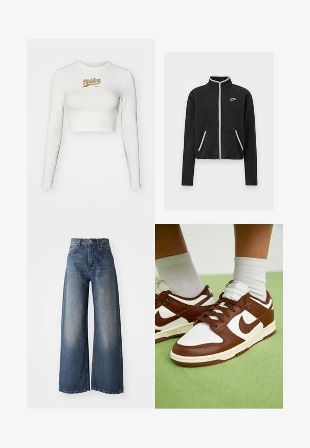Juodas poliesterinis švarkas su aukštu apykakle, visišku užtrauktuku, baltais akcentais ir šoninėmis kišenėmis. Ant kairiojo krūtinės yra mažas Nike logotipas.; Baltas ilgas rankovės trumpas marškinėliai, pagaminti iš lygaus audinio, su auksiniu „Nike“ logotipo spauda ant krūtinės ir klasikinio stiliaus apykakle.; Mėlynos aukšto liemens plačios kojų džinsai su priekiniais mygtukais ir kišenėmis, nublukusi tekstūra ant šlaunų ir tiesus apdaila.; Rudos ir baltos odinės sportbačiai su perforuota pirštyne, tekstūruotais akcentais ir plokščiomis raištelėmis. Modelis turi žemą viršutinę dalį ir guminį pado.