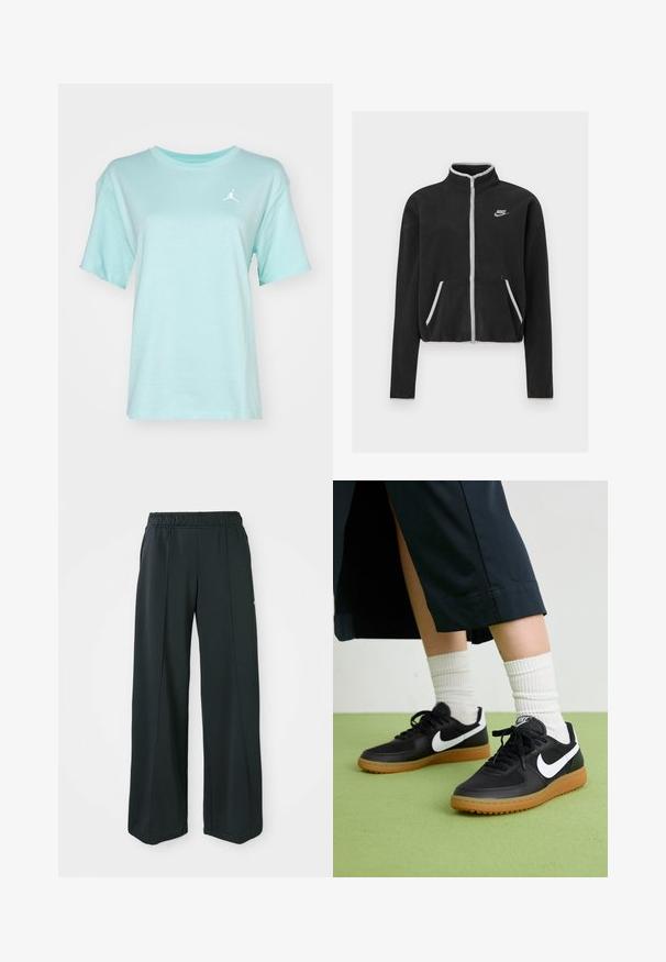 Black fleece jacket with a high collar, full zip, white accents, and side pockets. Features a small Nike logo on the left chest.; Light blue cotton t-shirt with short sleeves, round neckline, and a small white Jordan logo on the upper left chest. Smooth texture.; Black, wide-leg athletic pants with an elastic waistband. Made from smooth, stretchy fabric, featuring subtle front seams and no pockets.; Black leather and synthetic sneakers with white Nike swoosh, rubber gum sole, round toe, and black laces. Ribbed white socks visible.