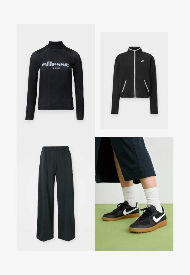 Must kootidejakiga, millel on kõrge krae, täispikk tõmblukk, valged aksessuaarid ja küljetaskud. Vasakul rinnal on väike Nike logo.; Must mustaga, pikad varrukad ja kõrge kaelusega must särk, mille rinnal on valge trükitud "ellesse 1959" logo; sile ja veniv kangas.; Mustad, laiad spordipüksid elastse vööniidega. Valmistatud siledast, venivast kangast, millel on kerge esiseam ja ei ole taskuid.; Mustad nahast ja sünteetilised sneekerid valge Nike logoga, kummist gumme, ümar nina ja mustad paelad. Näha ribakujulisi valgeid sokke.
