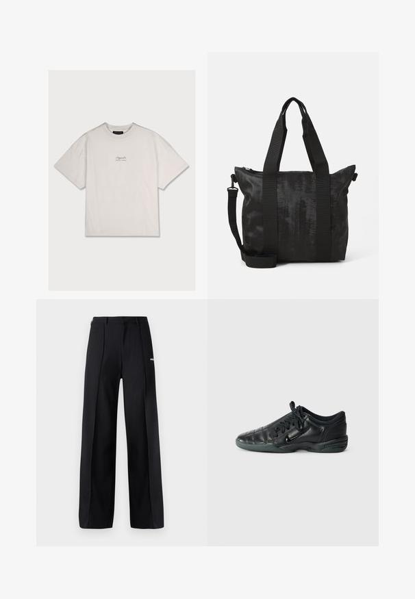 Hnedá mikina na zips s kapucňou na šnúrku, prednými vreckami, rebrovanými manžetami a malým bielym logom "PEGADOR" na hrudi. Hladká textúra.; Biela bavlnená tričko s voľným strihom, krátkymi rukávmi a malým značkovým logom potlačeným v hornej ľavej časti hrudníka. Mäkko textúrované, s okrúhlym výstrihom.; Čierne nohavice s širokým strihom vyrobené z hladkej tkaniny, s plisovaním a malým logom. Navrhnuté s stredne vysokým pásom.; Čierne kožené atletické topánky s prešívaným dizajnom, okrúhlou špičkou, šnurovaním vpredu a gumovou podrážkou. Obsahujú diskrétne logo na boku.; Čierna taška cez rameno s textúrovanou tkaninou, dvojitými vrchnými úchytmi a odnímateľným popruhom na rameno. Disponuje zipsom pre bezpečné uskladnenie.