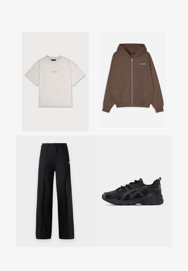 Sudadera marrón con cremallera, capucha con cordón, bolsillos frontales, puños acanalados y un pequeño logo blanco "PEGADOR" en el pecho. Textura suave.; Camiseta de algodón blanca con un corte holgado, mangas cortas y un pequeño logo de la marca impreso en la parte superior izquierda del pecho. Textura suave, cuello redondo.; Pantalones de pierna ancha de color negro, confeccionados con una tela suave, que presentan pliegues y un pequeño detalle de logo. Diseñados con una cintura de altura media.; Zapatos deportivos negros hechos de material sintético, con una parte superior texturizada, puntera reforzada y sistema de cordones para un ajuste seguro.