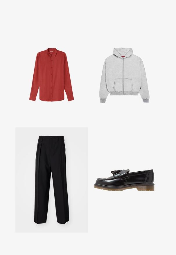 Szara bluza zapinana na zamek, wykonana z mieszanki bawełny. Posiada kaptur, przednie kieszenie oraz ściągacze na mankietach. Szycie dekoracyjne wzdłuż szwów.; IUMAN Intimissimi Uomo - Koszula biznesowa; Czarne plisowane spodnie o prostym, szerokim kroju nogawek. Wykonane z gładkiego materiału, z zapięciem na guzik i pętelkami na pasek.; Czarne lakierowane loafersy ze splotem, z akcentem w postaci frędzli oraz masywną, teksturowaną gumową podeszwą. Widok z boku podkreśla smukłą sylwetkę.