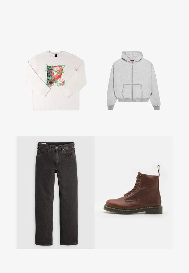 Sudadera gris con cremallera hecha de una mezcla de algodón. Cuenta con capucha, bolsillos frontales y puños de canalé. Detalles cosidos a lo largo de las costuras.; Camiseta blanca de manga larga con un estampado gráfico que presenta acentos rojos y verdes, diseño abstracto y un fondo negro con patrones.; Jeans de mezclilla negra con un diseño de pierna recta, cinco bolsillos y herrajes metálicos. La tela tiene una ligera textura y un acabado de color sólido.; Botín de cuero marrón con cordones, acabado texturizado, costuras amarillas y suela resistente. Presenta un asa en la parte trasera.