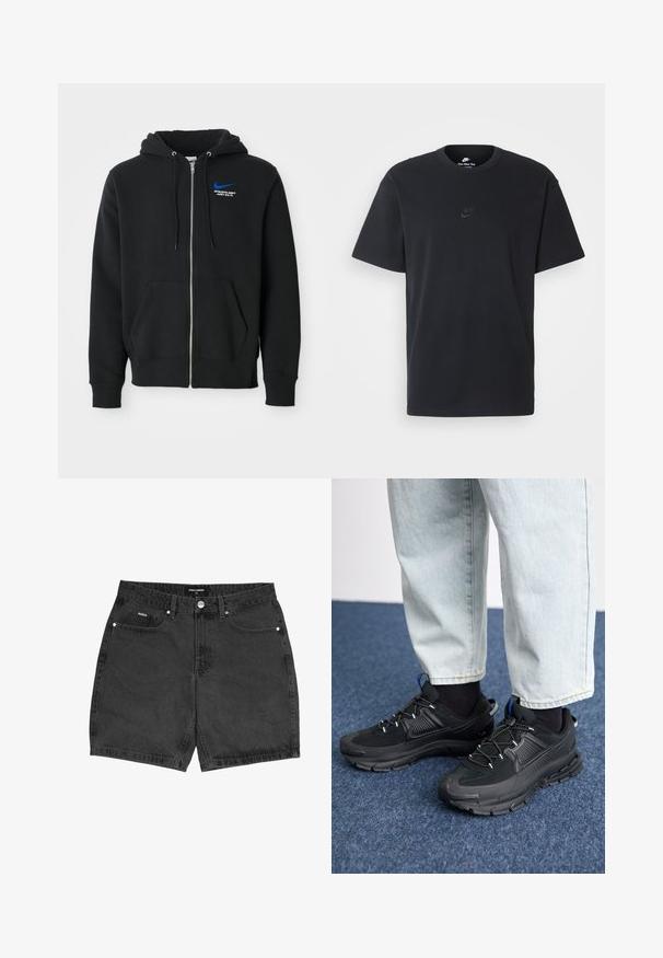 Fekete zipzáras kapucnis pulóver elől zsebekkel, állítható kapucnival és kis kék Nike logóval, benne "Athletic Dept Just Do It" felirattal a mellkason.; Fekete pamut póló Nike márkájú, klasszikus, kerek nyakú, rövid ujjú, és letisztult, dombornyomott logóval a mellkason. Simább textúra.; Fekete farmer rövidnadrág egyenes szabással, öt zsebbel és gombos záródással. Apró varrási részletek és texturált anyag jellemzi.; Fekete sportcipők texturált anyaggal és gumitalppal, elasztikus fűzőkkel és kék kiegészítővel a saroknál. Világos farmernadrággal viselve.