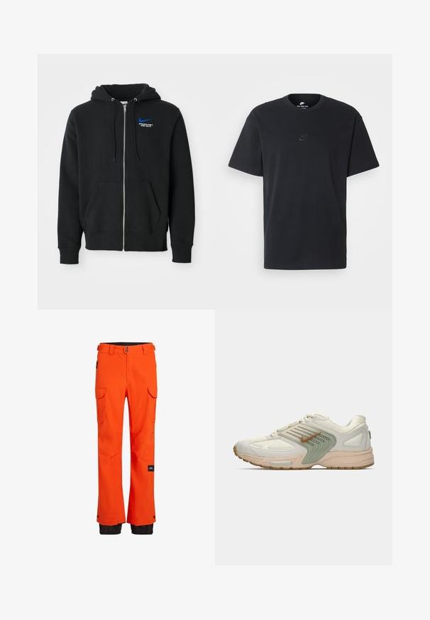 Mustassa vetoketjulla varustettu huppari, jossa on etutaskut, huppu kiristysnyöreillä ja pieni sininen Nike-logo sekä "Athletic Dept Just Do It" -teksti rinnassa.; Nike musta musta T-paita, jossa on klassinen pyöreä kaula-aukko, lyhyet etkä hihat sekä hillitty, kohopainettu logo rinnassa. Silkkinen rakenne.; Oranssit hiihtohousut, joissa on vettä hylkivä kangas, useita cargo-taskuja ja mustat yksityiskohdat alaosassa kestävyyden vuoksi.; Matalapintaiset urheilukengät beigen värisinä, joissa on vaaleanvihreä sivupaneeli, valkoisesta verkkokankaasta valmistettu päällinen, ruskea Nike-logon swoosh ja beige pohja, jossa on näkyvä ilmaamortoitu osuus.