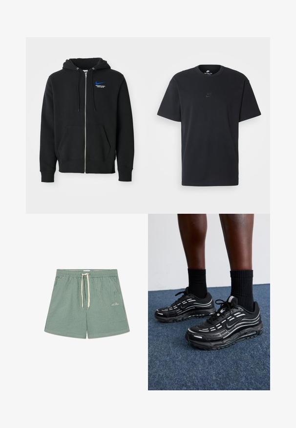 Must-pruun tõmblukuga kapuutsiga jakki, esikottidega, kapuuts tõmblukkide ja väikese sinise Nike logo ning "Athletic Dept Just Do It" tekstiga rinna peal.; Nike musta mustast puuvillast T-särk klassikalise ümmarguse kaelusega, lühikeste varrukatega ja õrna, reljeefse logoga rinnal. Sile tekstuur.; Roheline ja valge triibuline ujumispüksid, elastse vöökoha, reguleeritava nööriga ja väikese logoga alumisel vasakul küljel.; Mustad mustad Nike'i jalanõud on varustatud võrkstruktuuriga pealispinna, aktsenttriipude, tekstuuritud paelte ja musta kummist tallaga. Kannan mustade ribakudumiste sokkidega.