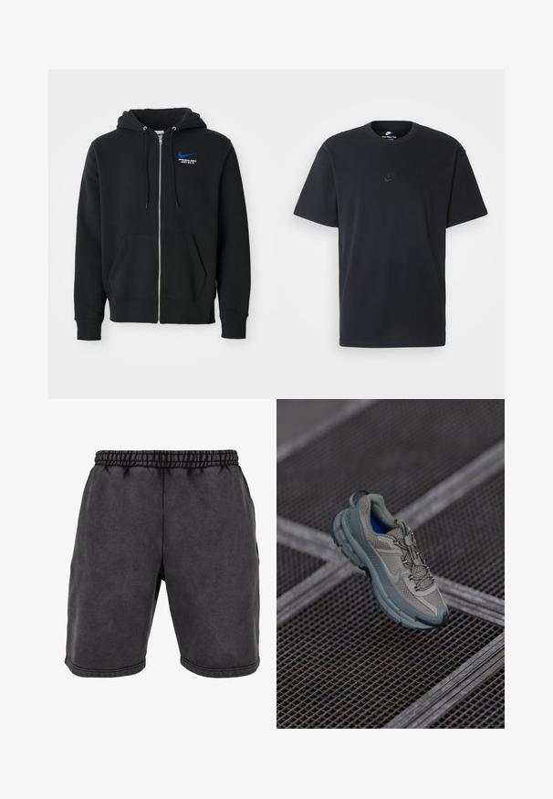 Felpa nera con zip, tasche frontali, cappuccio con cordini e piccolo logo blu Nike con testo "Athletic Dept Just Do It" sul petto.; T-shirt in cotone nero della Nike con collo rotondo classico, maniche corte e un logo in rilievo discreto sul petto. Texture liscia.; Pantaloni shorts neri in cotone con elastico in vita, dotati di tasche laterali e cuciture decorative. Il tessuto ha una consistenza morbida e opaca.; Scarpe sportive beige e grigie con tomaia in mesh testurizzato, punta arrotondata e suola in gomma, dotate di lacci e colletto imbottito.