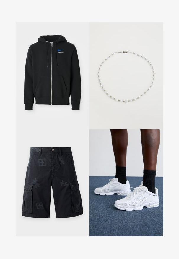 Svart hettegenser med glidelås, frontlommer, hette med snor, og liten blå Nike-logo med teksten "Athletic Dept Just Do It" på brystet.; Hvit bomulls t-skjorte med v-hals og korte ermer. Har en liten fargerik brodert logo på venstre bryst. Myk tekstur.; Sorte cargo-shorts med to sidelommer, knappelukking og tone-i-tone grafiske mønstre. Laget av teksturert stoff.; Hvite joggesko med mesh-overdel, teksturerte detaljer og polstret såle. Kombinert med svarte ribbede ankelstrømper på et blått teppet.; Hvit perlekjede med sølvperler og lås. Har en glatt overflate og et symmetrisk design, egnet for ulike anledninger.