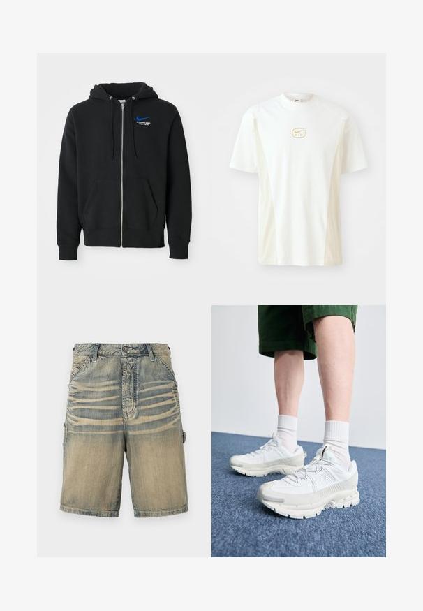 Mustassa vetoketjulla varustettu huppari, jossa on etutaskut, huppu kiristysnyöreillä ja pieni sininen Nike-logo sekä "Athletic Dept Just Do It" -teksti rinnassa.; T-paita lyhyillä hihoilla ja pyöreällä kaula-aukolla, valkoisena ja vaaleanbeigenä. Edessä pieni kultainen Nike-logo ja sileä puuvillapinta.; Denim cargo shorts dengan gradasi biru pudar dan beige. Dilengkapi dengan dua saku samping, penutupan kancing, dan aksen jahitan.; Valkoiset urheilukengät, joissa on tekstuuriset päällysteet, paksu pohja ja harmaat yksityiskohdat. Yhdistetty valkoisiin putkisukkiin ja vihreisiin shortseihin sinisellä pinnalla.