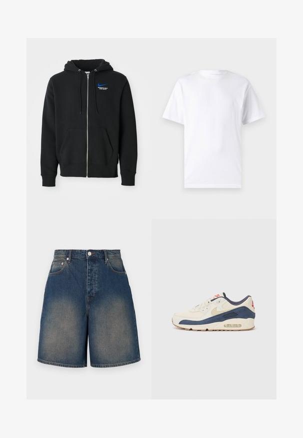 Mustassa vetoketjulla varustettu huppari, jossa on etutaskut, huppu kiristysnyöreillä ja pieni sininen Nike-logo sekä "Athletic Dept Just Do It" -teksti rinnassa.; Valkoinen lyhythihainen t-paita, joka on valmistettu puuvillasta, ja siinä on pyöreä kaula-aukko. T-paidassa on sileä pinta ja yksinkertainen muotoilu ilman kuvioita tai koristeita.; Farkkuhousut keski sinisen sävyssä, jossa on kulutettu pesu. Ominaisuuksina korkea vyötärö, viisi taskua ja suora lahjeteksti. Metallinen napitus.; Tennarit, joissa on kermanvärinen nahka ja merimiessininen mokka päällinen, näkyvällä ilmasoolalla, beige kumipohja ja punainen yksityiskohta kantapäässä.