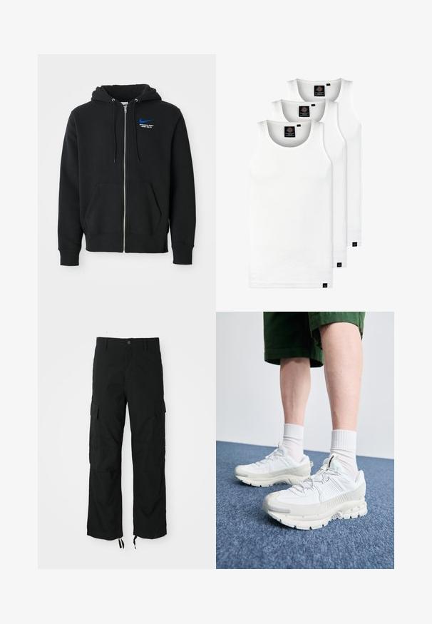 Sweat-shirt noir zippé avec poches avant, capuche avec cordons, et petit logo Nike bleu avec le texte "Athletic Dept Just Do It" sur la poitrine.; Trois débardeurs blancs côtelés en coton. Présentent un col rond et de petites étiquettes noires près de l'ourlet. Disponibles en plusieurs tailles.; Pantalons cargo noirs en tissu durable, comportant deux poches latérales, une fermeture à bouton et des ourlets ajustables pour un look décontracté et ample.; Des chaussures de sport blanches avec des superpositions texturées, une semelle épaisse et des accents gris. Portées avec des chaussettes blanches et des shorts verts sur une surface bleue.
