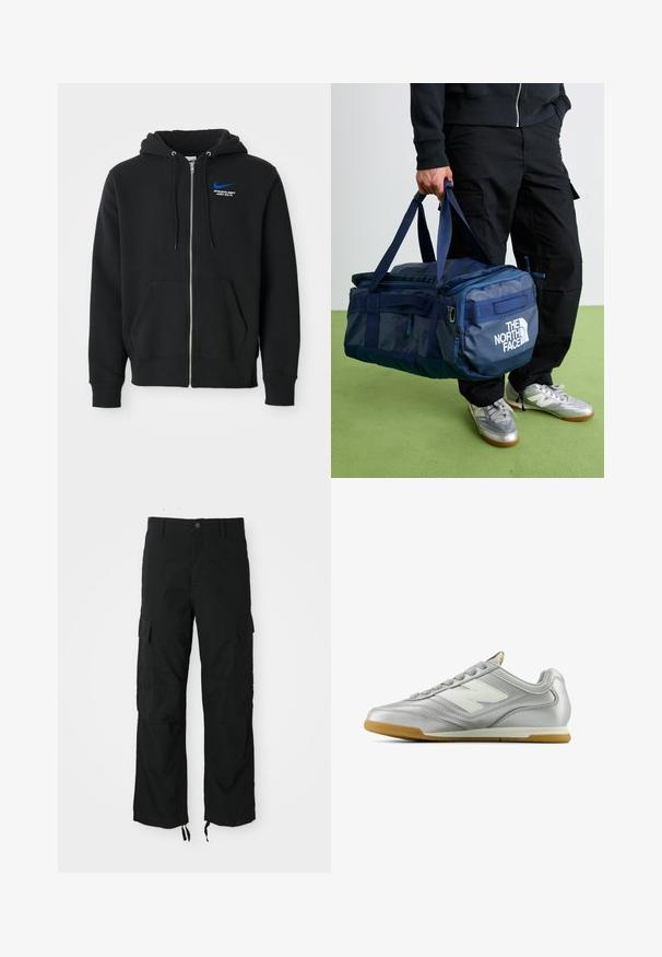 Svart hettegenser med glidelås, frontlommer, hette med snor, og liten blå Nike-logo med teksten "Athletic Dept Just Do It" på brystet.; Hvit kortermet T-skjorte med en liten svart trekantlogo som inneholder "acg" på venstre bryst, enkel bakgrunn.; Svart cargo-bukser laget av slitesterkt materiale, med to sidelommer, knappelukking og justerbare hem for en løs, avslappet passform.; Sølv idrettssko med en glatt, blank overflate, hvit logo på siden, teksturerte grå snører, og såle av gummigummi.; Person i svarte bukser og sølvfargede sneakers som bærer en blå The North Face duffelbagon i håndtakene mot en grønn bakgrunn.