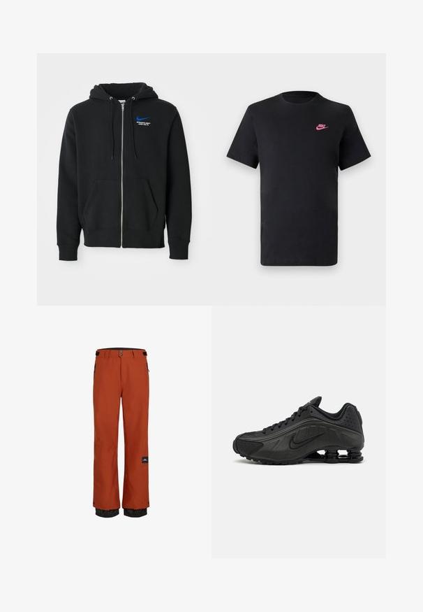 Sweatshirt preto com fecho éclair, bolsos frontais, capuz com cordões, e pequeno logótipo azul da Nike com o texto "Athletic Dept Just Do It" no peito.; T-shirt de algodão preto com decote redondo e mangas curtas. Apresenta um logótipo da Nike rosa no lado superior esquerdo. Textura suave.; Calças de esqui impermeáveis laranja com uma cintura ajustável preta, bolsos laterais e punhos elásticos para regulação da temperatura.; Ténis de corrida pretos com um upper sintético suave, acentos perfurados, painéis laterais texturizados e uma sola distinta e elástica.