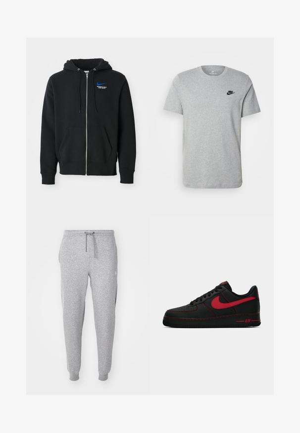 Svart hettegenser med glidelås, frontlommer, hette med snor, og liten blå Nike-logo med teksten "Athletic Dept Just Do It" på brystet.; Grå t-skjorte med kort erme laget av bomull, med en svart Nike-logo på brystet og rund halslinning. Minimalistisk design uten mønstre.; Grå joggebukser med justerbar snor i livet, smale ben og sidelommer. Har en liten hvit logo på øvre lår.; Svarte lær Nike Air Force 1 sneakers med røde detaljer, som har en glatt tekstur, perforert tå og kontrasterende røde sting.