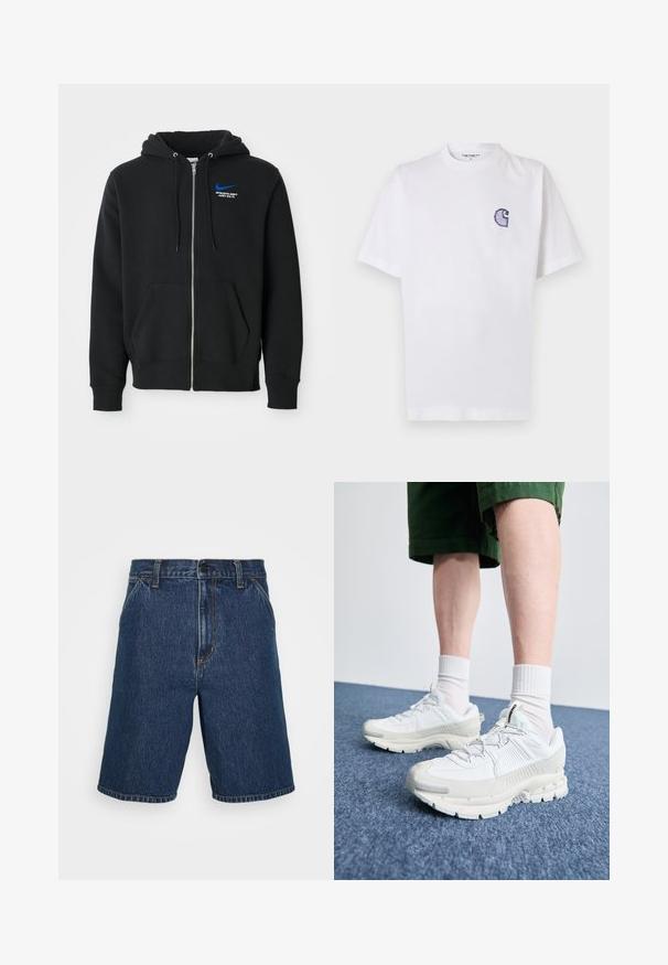 Černá mikina na zip s předními kapsami, kapucí se stahovacími šňůrkami a malým modrým logem Nike s textem "Athletic Dept Just Do It" na hrudi.; Bílé bavlněné tričko s krátkými rukávy, kulatým výstřihem a malým vyšitým modrým logem "C" na levé části hrudi.; Denim šortky v tmavě modré barvě s přímým střihem. Obsahují žluté prošívání a klasický pětikapsový design. Standardní pas a lemované okraje.; Bílé sportovní boty s texturovanými překryvy, masivní podrážkou a šedými akcenty. Na nohou mají bílé ponožky a zelené šortky na modrém povrchu.