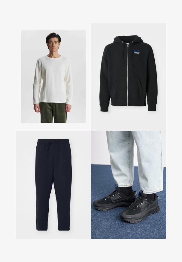 Svart zip hoodie med framfickor, huva med dragsnoddar, och liten blå Nike-logotyp med texten "Athletic Dept Just Do It" på bröstet.; Vit långärmad ribbad topp med rund halsringning, med ett strukturerat mönster och åtsittande ärmar, kombinerad med olivgröna byxor.; Marinblå joggerbyxor i mjukt material, med elastisk midja och dragsko, smalnande ben och sidofickor.; Svarta sportskor med texturerat tyg och gummisulor, med elastiska snörningar och en blå detalj på hälen. Bärs med ljusa jeans.