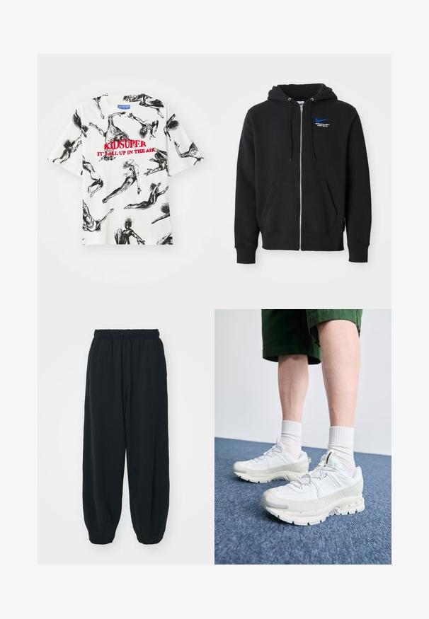 Juodas zip-up džemperis su priekinėmis kišenėmis, gobtuvu su raišteliais ir mažuoju mėlynu Nike logotipu bei "Athletic Dept Just Do It" tekstu ant krūtinės.; Balta trumpa rankovė T-marškiniai su juodu piešiniu, vaizduojančiu judančius figūras, o centre raudonais žodžiais „KIDSUPER IT'S ALL UP IN THE AIR“. ; Juodi, su elastiniu juosmeniu sportiniai kelnės su laisvu siluetu, suapvalintais kulkšnimis, lygia tekstūra ir be matomų raštų ar metalinių akcentų.; Baltos sportinės bateliai su tekstūruotais uždengimais, masyviu padu ir pilkais akcentais. Dėvimi su baltais trumpais kojiniais ir žaliais šortais mėlyname paviršiuje.