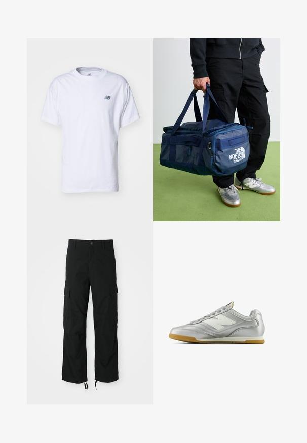 Svart hettegenser med glidelås, frontlommer, hette med snor, og liten blå Nike-logo med teksten "Athletic Dept Just Do It" på brystet.; Hvit bomulls t-skjorte med rund hals, korte ermer og en subtil grå New Balance-logo på venstre bryst.; Svart cargo-bukser laget av slitesterkt materiale, med to sidelommer, knappelukking og justerbare hem for en løs, avslappet passform.; Sølv idrettssko med en glatt, blank overflate, hvit logo på siden, teksturerte grå snører, og såle av gummigummi.; Person i svarte bukser og sølvfargede sneakers som bærer en blå The North Face duffelbagon i håndtakene mot en grønn bakgrunn.