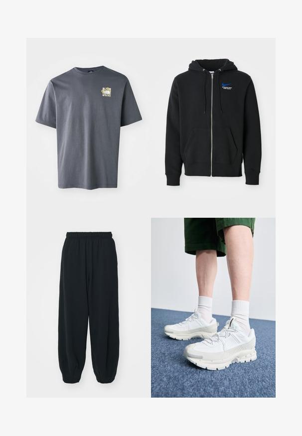 Juodas zip-up džemperis su priekinėmis kišenėmis, gobtuvu su raišteliais ir mažuoju mėlynu Nike logotipu bei "Athletic Dept Just Do It" tekstu ant krūtinės.; Pilkos spalvos trumpų rankovių marškinėliai, pagaminti iš medvilnės, su maža gėlių grafika ant krūtinės. Apvalus iškirpimas, minkšta tekstūra ir laisvas siluetas.; Juodi, su elastiniu juosmeniu sportiniai kelnės su laisvu siluetu, suapvalintais kulkšnimis, lygia tekstūra ir be matomų raštų ar metalinių akcentų.; Baltos sportinės bateliai su tekstūruotais uždengimais, masyviu padu ir pilkais akcentais. Dėvimi su baltais trumpais kojiniais ir žaliais šortais mėlyname paviršiuje.