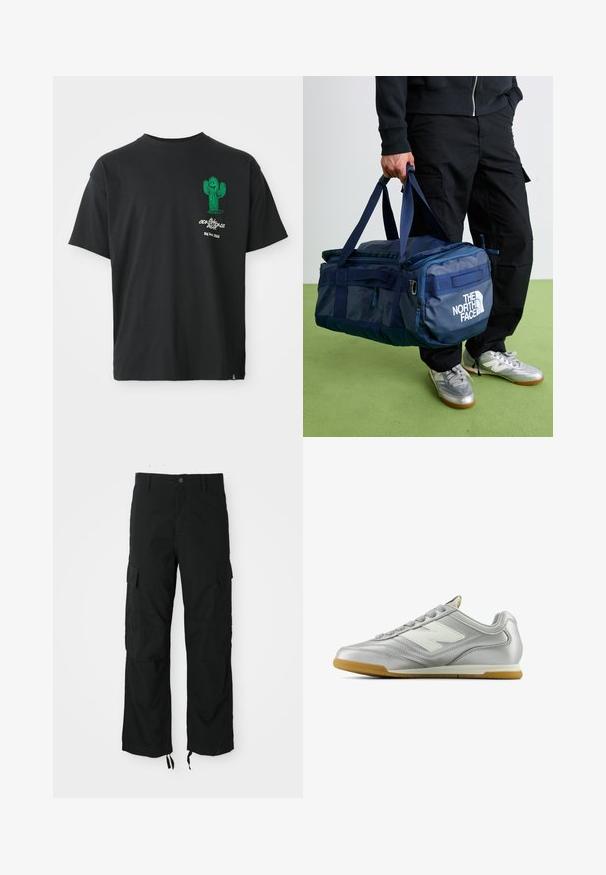 Čierna mikina na zips s prednými vreckami, kapucňou so šnúrkami a malým modrým logom Nike s textom "Athletic Dept Just Do It" na hrudi.; Čierne tričko s krátkym rukávom so zeleným karikatúrou kaktusu a bielym textom "Conditions Gear Big Bend, Texas" na ľavej hrudi.; Čierne cargo nohavice vyrobené z odolnej tkaniny, s dvoma bočnými vreckami, zapínaním na gombík a nastaviteľnými spodnými časťami pre voľný a uvoľnený strih.; Strieborná atletická topánka s hladkým, lesklým povrchom, bielym logom na boku, štruktúrovanými šedými šnúrkami a gumovou podrážkou.; Osoba v čiernych nohaviciach a strieborných teniskách nesie modrú tašku The North Face pod pazuchou na zelenú podlahu.