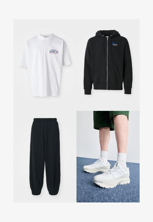 Zwarte zip-up hoodie met voorzakken, capuchon met trekkoord en een klein blauw Nike-logo met de tekst "Athletic Dept Just Do It" op de borst.; Witte katoenen t-shirt met korte mouwen, ronde hals en een geprinte logo in blauw en rood op de linkervoorzijde.; Zwarte, elastiche sweatpants met een losse pasvorm, manchetten aan de enkels, een zachte textuur en zonder zichtbare patronen of hardwareaccenten.; Witte sportieve schoenen met textuuroverlays, een dikke zool en grijze accenten. Draag ze met witte crew-sokken en groene shorts op een blauwe ondergrond.