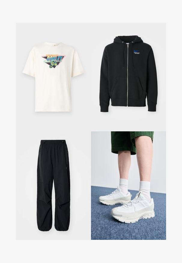 Černá mikina na zip s předními kapsami, kapucí se stahovacími šňůrkami a malým modrým logem Nike s textem "Athletic Dept Just Do It" na hrudi.; Bílý bavlněný tričko s boxy střihem a krátkými rukávy, s barevným grafickým potiskem bicyklu a textem v různých písmových stylech.; Černé lehké cargo kalhoty s elastickým pasem, bočními zipy a prostornými kapsami. Mají volný střih a zúžené manžety.; Bílé sportovní boty s texturovanými překryvy, masivní podrážkou a šedými akcenty. Na nohou mají bílé ponožky a zelené šortky na modrém povrchu.