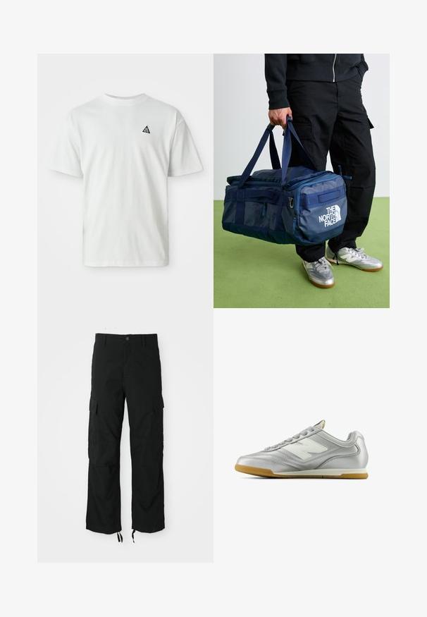 Mustassa vetoketjulla varustettu huppari, jossa on etutaskut, huppu kiristysnyöreillä ja pieni sininen Nike-logo sekä "Athletic Dept Just Do It" -teksti rinnassa.; Valkoinen lyhythihainen T-paita, jossa on pieni musta kolmiologo, jonka sisällä on "acg" vasemmassa rinnassa, yksinkertainen tausta.; Mustat cargo-housut kestävästä kankaasta, joissa on kaksi sivutaskua, nappikiinnitys ja säädettävät lahkeet rentoa ja väljä istuvuutta varten.; Hopea urheilukenkä, jolla on sileä, kiiltävä pinta, valkoinen logo sivussa, teksturoitu harmaa nauha ja kuminen pohja.; Henkilö mustissa housuissa ja hopeisissa tennareissa kantamassa sinistä The North Face -duffelia sen kahvoista vihreää lattiaa vasten.