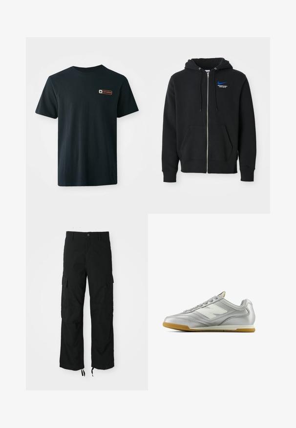 Sudadera negra con cremallera y bolsillos frontales, capucha con cordones y pequeño logo azul de Nike con el texto "Athletic Dept Just Do It" en el pecho.; Camiseta de algodón negra con mangas cortas, cuello redondo y un pequeño parche de logo "Converse" en naranja y azul en la parte superior izquierda del pecho.; Pantalones cargo negros hechos de tela durable, con dos bolsillos laterales, cierre de botón y dobladillos ajustables para un ajuste suelto y relajado.; Zapatilla deportiva plateada con una superficie suave y brillante, logotipo blanco en el lateral, cordones texturizados en gris y suela de goma.