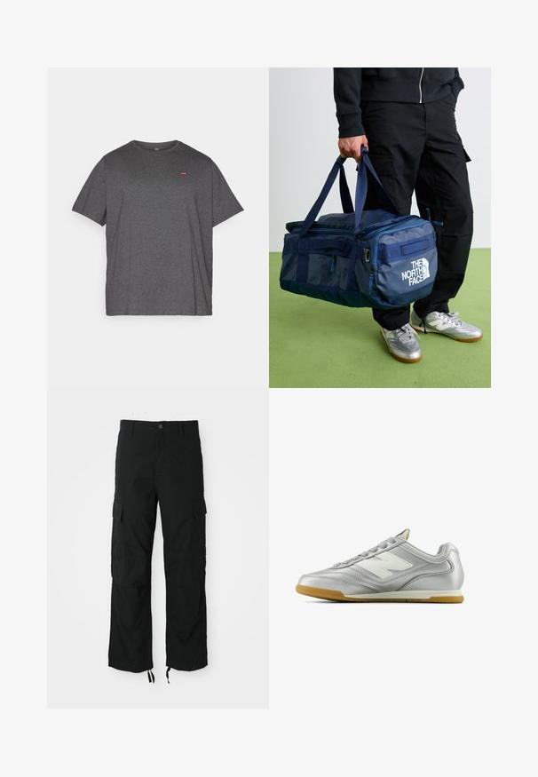 Must-pruun tõmblukuga kapuutsiga jakki, esikottidega, kapuuts tõmblukkide ja väikese sinise Nike logo ning "Athletic Dept Just Do It" tekstiga rinna peal.; Levi's® Plus BIG ORIGINAL TEE - Lihtne T-särk - dark charcoal heather; Mustad lossi püksid, mis on valmistatud vastupidavast kangast, esitavad kaks külgtaskut, nööbiklapi ja reguleeritavad paelad vaba, lõdva istuvuse jaoks.; Hõbedane spordijalats sileda, läikiva pinnaga, valge logo küljes, tekstuuriga hallid paelad ja kummist soe põhi.; Inimesel on seljas mustad püksid ja hõbedased tossud, kes kannab sinist The North Face spordikotti käepidemete alt rohelise põranda kohal.