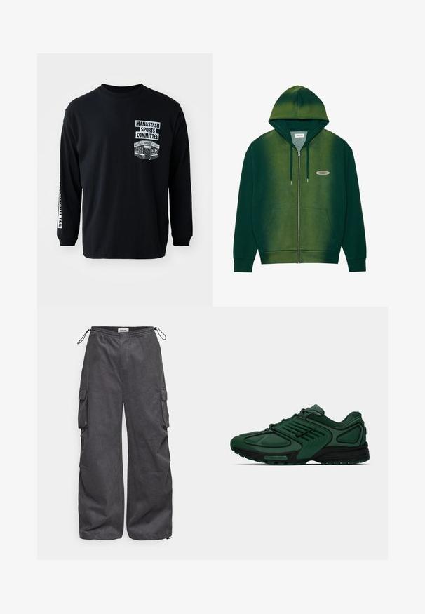 Grønn zip-up hettegenser med gradientdesign, laget av mykt stoff. Har hette, frontlommer og en liten logo på brystet.; Svart langermet T-skjorte med rund hals. Har hvite trykte grafikker: "Manastash Sports Committee" og et design på venstre bryst.; Grå cargo bukser med teksturert stoff, elastisk liv, snøring og sidelommer. Løs passform med vide ben.; Mørkegrønn Nike løpesko med svarte detaljer, nettøvre, lisser og hel langt Nike Air såle på hvit bakgrunn.