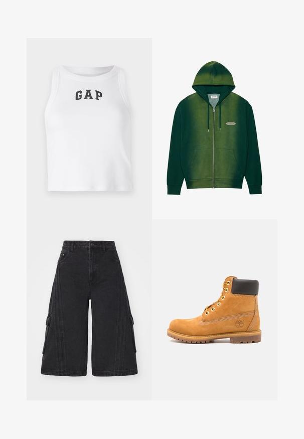 Žalias užtrauktuku užsegamas džemperis su gradientiniu dizainu, pagamintas iš minkštos medžiagos. Turi gobtuvą, priekines kišenes ir mažą logotipą ant krūtinės.; Baltas be rankovių trumpas viršus, pagamintas iš siauro audinio, su juodu "GAP" logotipu priekyje. Apvalus iškirpimas su tvarkingais siūlėmis.; adidas Originals CAPRI - Džinsiniai šortai - black; Rudos odinės aulinės batai iki kulkšnies su juodu paminkštinimu, auksiniais kabliukais ir tekstūruotu padu. Ant šono yra apvalus logotipas ir siuvinėjimo akcentai.