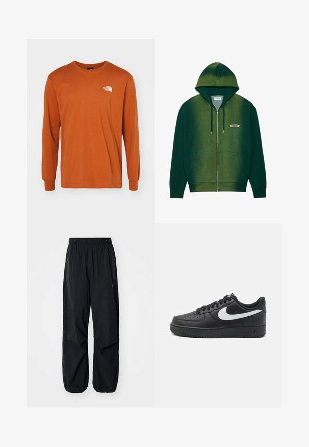 Casaco com fecho éclair verde com um design em degradê, feito de tecido suave. Apresenta capuz, bolsos frontais e um pequeno logótipo no peito.; The North Face MENS TEE RELAXED VERTICAL - Camisola de manga comprida - bombay orange; Calças cargo leves e pretas com uma cintura elástica, zíperes laterais e bolsos espaçosos. Apresentam um corte solto e bainhas ajustadas.; Tenis Nike Air Force 1 pretos com parte superior em couro liso, detalhe do logo branco, bico perfurado e sola em borracha texturizada.