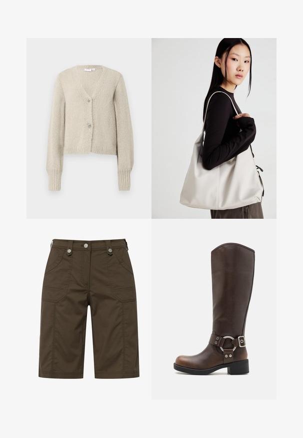 Beige pletený cardigan s dlouhými rukávy, véčkovým výstřihem, žebrovanými manžetami a lemem a dvěma dekorativními stříbrnými knoflíky ve tvaru mašlí.; Hnědý dlouhý rukáv turtleneck top vyrobený z žebrované látky; má vysoký, skládací límec a uvolněný střih s rovnými lemy.; Hnědé látkové šortky se dvěma předními kapsami a dvěma zadními kapsami, doplněné o stříbrné kování na pase. Rovný střih.; Hnědé kožené vysoké boty do kolen s kovovým akcentem a přezkou. Mírně texturovaný svršek, zvýšený podpatek a kulatý design špičky.; Beige kabelka vyrobená z měkkého materiálu, s volným designem, prošívanými detaily a dvěma ramenními popruhy. Vhodná pro každodenní použití.